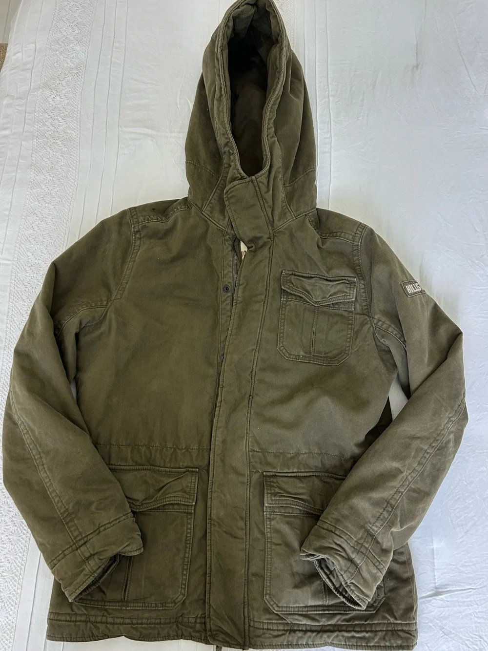 Hollister XL Heavyweight Padded Parka Jacket Olive Green w/ Bright Orange lining